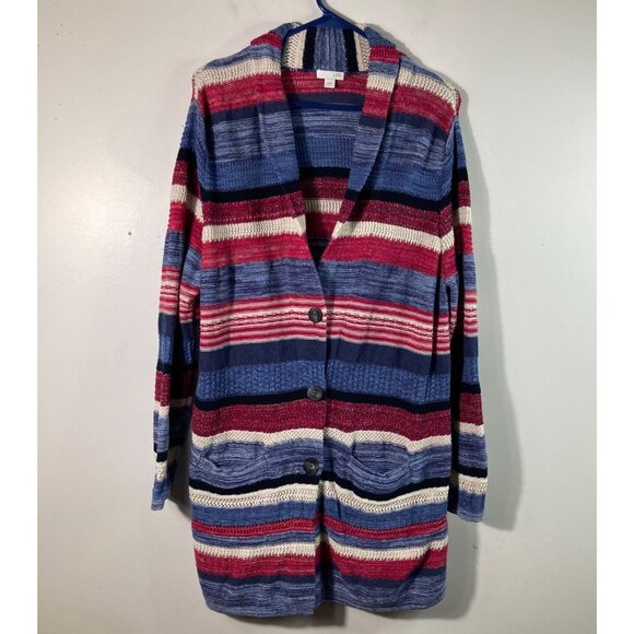 J Jill Striped Linen Blend Cardigan L V Neck Collar Red White Blue - Picture 1 of 11
